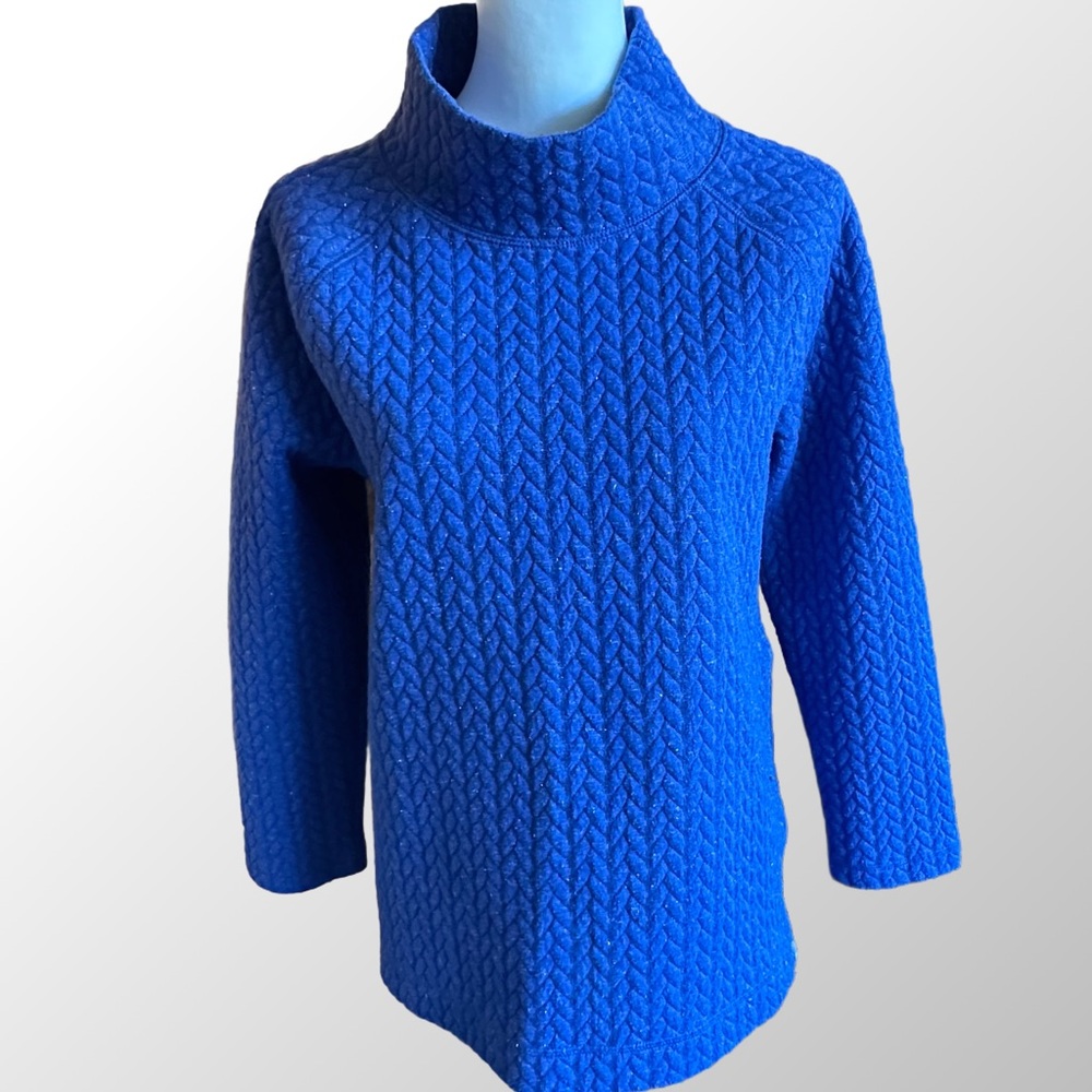 T by Talbots Blue & Metallic Quilted Mockneck Pullover w/ Side Zippers, Medium